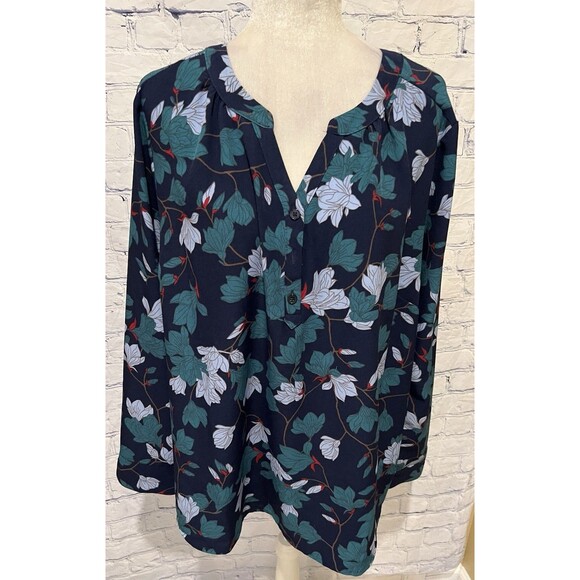 Denim & Co. QVC Printed V-Neck Henley Blouse Navy Plus Size 2X - Picture 2 of 11